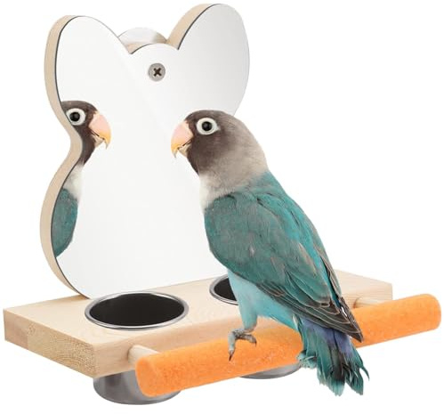 Vogelspiegel mit Sitzstange, Vogelsitzstange mit Spiegel und 2 Fütterung Tassen, Vogelspielzeug, Spiegel Kauspielzeug aus Holz, Käfig Stehen Für Vögel Papagei Spielzeug Haustier Spielzeug Zubehör