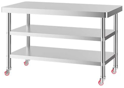 Tavolo da lavoro in acciaio inox con ruote, 60 cm, con 3 ripiani, per cucina, ristorante, garage, uso esterno (59,9 x 39,9 x 80 cm)