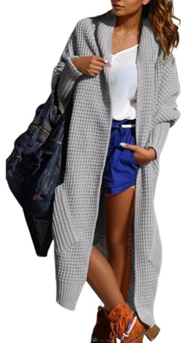 Solvera_Ltd Damen Strickjacke Cardigan Lang Pullover Grobstrick, Lange Weste Herbst Winter Strickmantel Damen Herbstjacke - Lässiger Cardigan Strickmantel Strickcardigan Warm (Grau)