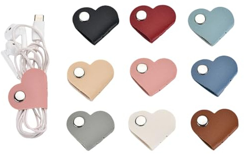 10Pcs PU Leather Heart-Shaped Cable Organizers, Reusable Cord Clips Wire Ties for Charging Cable, Power Cord, Earphone, USB Cable Winders Holder