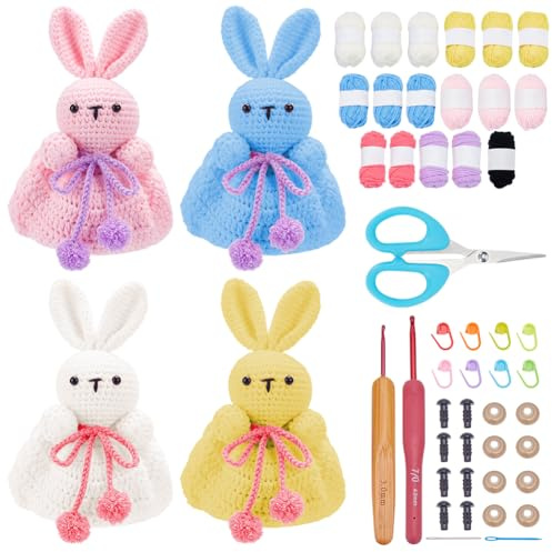 FREEBLOSS 4 Set Osterhasen Häkelset Für Anfänger Osterhasen Tasche Häkeltier Set Mit Schritt Für Schritt Videoanleitungen Strickzubehör Für Erwachsene Osterdekoration
