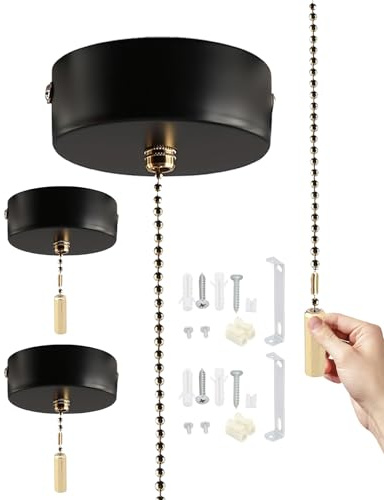 Benaewa 2 Pcs bathroom light pull cord, black pull cord light switch bathroom with Chrome Cylindrical Handle for Bedroom, Living Room