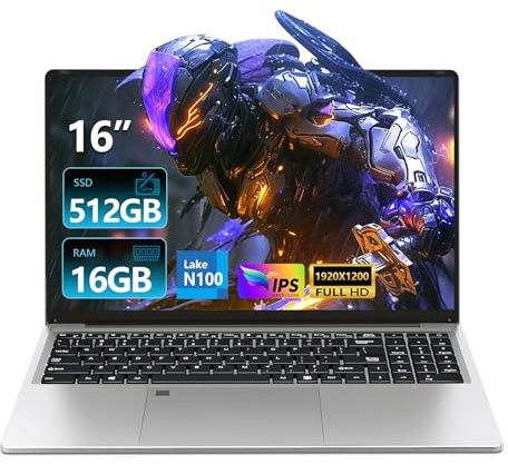 Ordinateur Portable 16 Pouces, Win 11 PC Portable 16 Go RAM 512 Go SSD, Celeron N100 CPU, Laptop Clavier Rétroéclairé/Déverrouillage Empreinte Digitale, BT5.0/USB3.0/6000mAh Battery/Webcam/Mini-HDMI