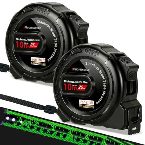 2 Pack 10m Tape Measure, 25mm Wide Heavy Duty Retractable Measuring Tape | with Self Lock, Double Sided Metric & Imperial, Fluorescent Blade, Black Hard Shell Builders Tape Measure
