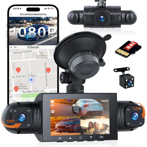 Hikity Dashcam för alla fordon, 4-kamera 3-tums IPS-skärm 1080P, mörkerseende, kamera loopinspelning med G-sensor, videoinspelare 150°/120° vidvinkel med TF-kort (max 64 GB) C10