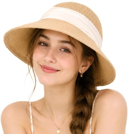 AYPOW Large Bord Chapeau de Paille pour Femme, Protection UV Respirant Plage Chapeau de Soleil pour Fille, Pliable Réglable Emballable Casquettes d'été Capeline pour Extérieur Vacances Voyages