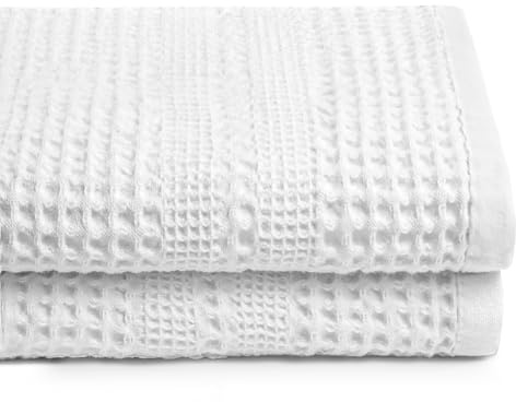 GILDEN TREE Waffle Towels for Bathroom, 100% Cotton Quick Dry Towel, Waffle Bath Towels Large, Absorbent Lightweight Travel Towel, Bath Towels Set of 2, Classic Style (White)