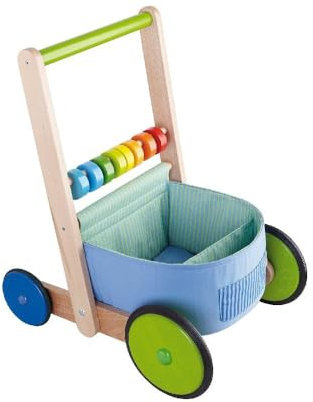 HABA 6432 - Lauflernwagen Farbenspaß, Lauflernhilfe aus Holz und Textil mit bunten Spielelementen, Transportfach für Spielsachen, Bremse und Gummirädern, ab 10 Monaten