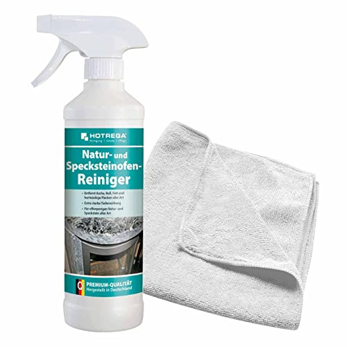 HOTREGA Specksteinofen Reiniger 500 ml | Naturstein & Kamin Pflege Set | Inkl. Microfasertuch 40x40 cm | Entfernt Asche, Ruß, Fett & Kerzenwachs | Für matte Oberflächen & Kaminverkleidungen
