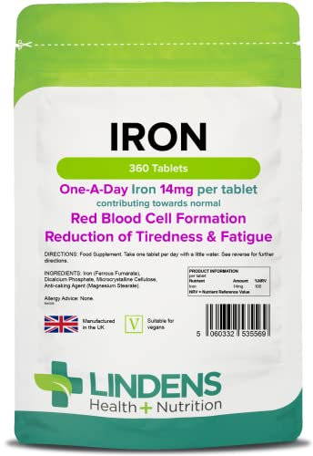 Lindens - Iron 14mg Tablets - 360 Vegan Tablets - UK Made - Reduce Tiredness, Increase Energy | Creates Healthy Red Blood Cells, Normal Oxygen Transportation | (12 Months Supply)