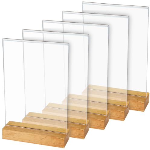 HMF 46942 Soporte de Sobremesa de Acrílico con Base de Madera | 5 Piezas | DIN A5 Vertical | Transparente