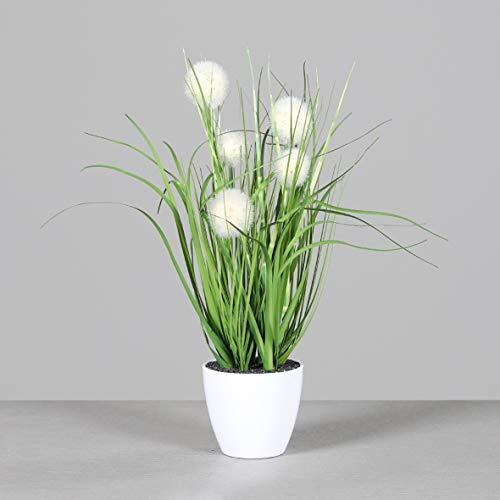 mucplants künstliches Kugelgras 38cm im weißen Dekotopf Kunstpflanze Kunstgras Dekopflanze Ziergras