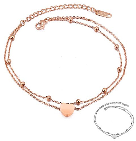 Kim Johanson Edelstahl Damen Fußkettchen *Heart* in Silber & Roségold mit einem starken Karabinerverschluss | Boho Schmuck | Verstellbar inkl. Schmuckbeutel