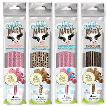 Milk Magic Lot de 4 pailles aromatisantes pour chocolat, fraise, biscuits et crème et barbe à papa, 16 pailles à 4 saveurs de chaque saveur