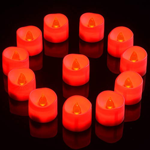 PChero LED Red Tea Lights, 12pcs Battery Operated Flameless Tealights with 6 Hours Timer Flickering Votive Candles for Home Room Party Festival Halloween Christmas Decoration – Red