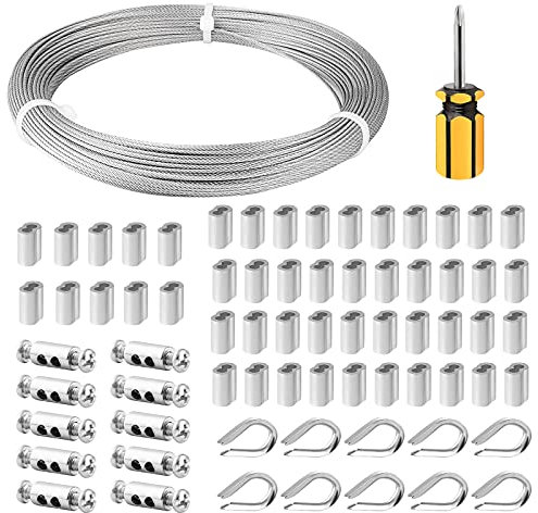 fshihine 50M Garden wire for climbing plants, 1.5mm Stainless Steel Cable with Wire Rope Clips & Thimbles for Garden Fence, Vine Eyes for Climbing Plants, Picture Hanging, String Light Hanging