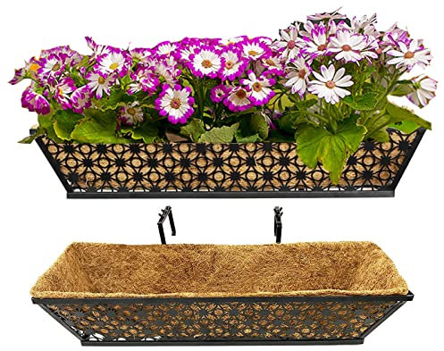 Frillybutts 2 Set Deck Railing Planter Box 24 Black Metal Garden Trough Deck Planter English Horse Trough Window Box with Coco Liners