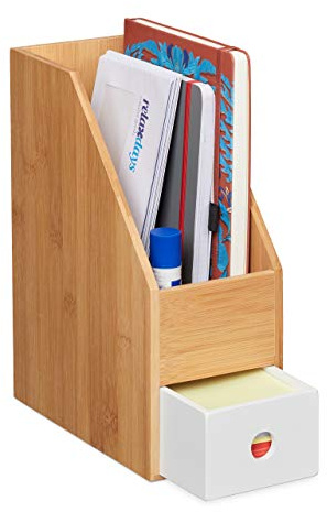Relaxdays 2 x Stehsammler, für A4 Papier, Büro Organizer Bambus, MDF, Zeitschriftensammler, HxBxT: 30 x 12 x 23 cm, Natur-weiß