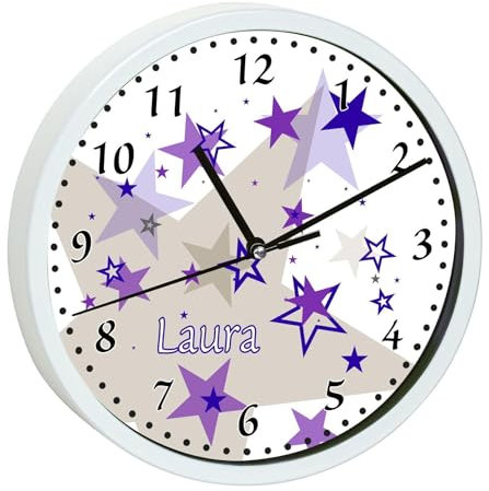 CreaDesign, Wanduhr für Kinderzimmer Sterne lila grau, Kinderuhr weiß mit Quarz Uhrwerk, personalisiert mit Name, Durchmesser 19,5 cm
