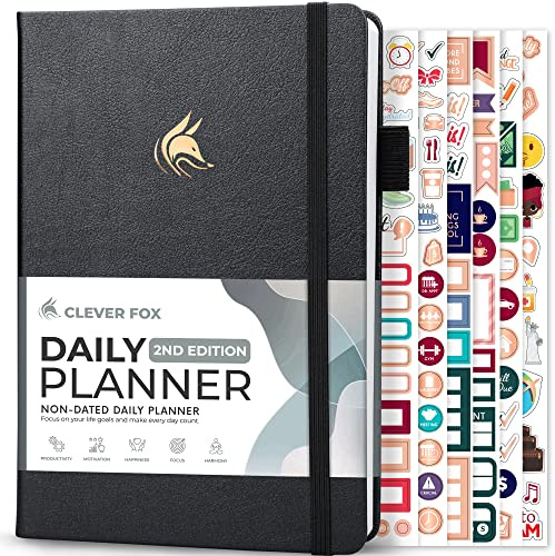 Clever Fox Tagesplaner 2. Auflage – undatierter Zeitblock-Aufgaben-Organizer mit Stundenplan & To-do-Liste – A5, 6 Monate (Silber-Schwarz) | Zeitblock-Planer mit Stundenplänen, Gewohnheiten-Tracker und To-Do-Liste, 6-Monats-Organizer mit bunten Seiten