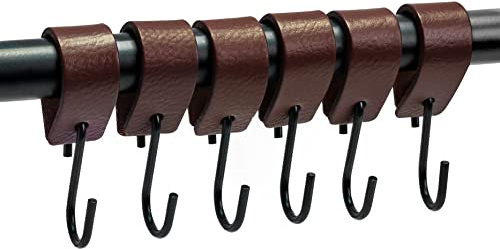 Brute Strength S-Haken mit Lederschlaufe – Braun – 6 Stück – Kleiderhaken | Kleider- und Garderobenhaken mit Lederschlaufe aus Vollnarbenleder; S-Haken für Kleiderstange, Handtücher, Küche und Bad