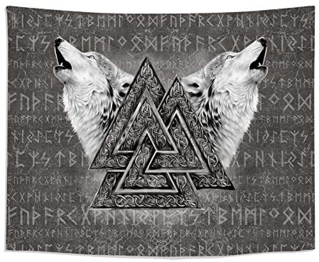 Arsey Wikinger Wanddeko Wandteppich Valknut Wandkunst Wand Teppich Wolf Totem Rune Wandbehang Nordic Viking Runes Wandtuch Schwarz Weiß äSthetik Deko Personalisierte Tapestry Groß 200x150cm