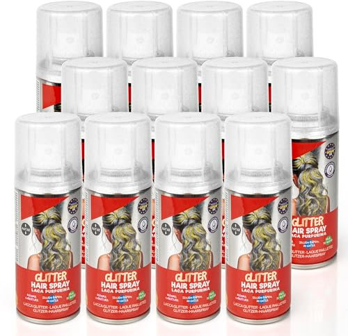 Pack 12 Laca de Pelo Color Plata Purpurina 100ml - Spray Colores para Cabello Rápida coloración, Lavable