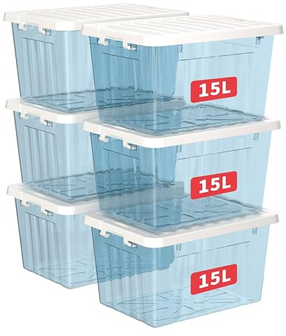 Cetomo 15 L x 6 förvaringslådor med lock, plastförvaringskorgar med spärrspännen, klickstängning, stapelbar, kapsling, organiserare för hemmakontorskläder, klarblå, 15 L-6-pack