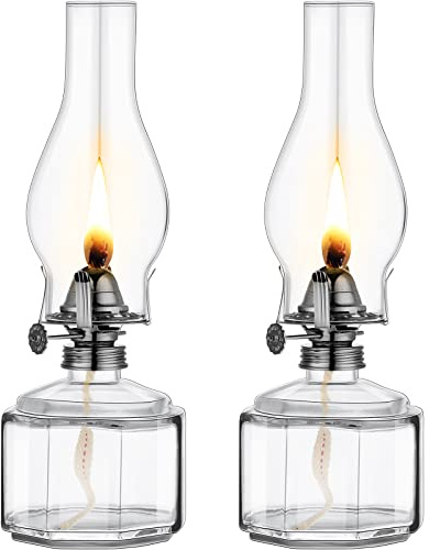 Tuanse 2 Pieces Chamber Oil Lamp Classic Kerosene Lantern Vintage Oil Lamp for Indoor Use,Decorative Hurricane Lantern with Adjustable Fire Wick for Home Tabletop Decor,13 Inch Height(Clear, Black)