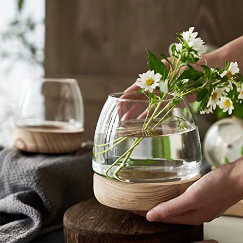 FQQWEE Glass Vase with Wooden Support Base Transparent Hydroponic Fish Bowl Bulb Vase for Flowers Creative Glass Water Plant Vase Hydroponic Planter Fish Tank for Home Office Flower Arrangement Decor