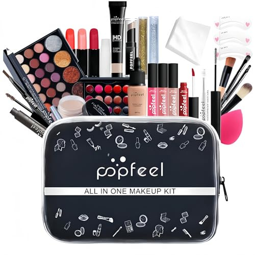 Alles in Einem Make-Up-Set mit Lidschatten Palette Lippenstift Concealer, 27 Stück All in One Make up Geschenkset, Kosmetik Schmink Starter Kit mit Kosmetiktasche für Teenager-Mädchen Frauen