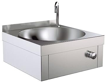 Lavamani da parete industriale MBH in acciaio inox - 350 x 315 mm e 400 x 400 mm con rubinetto girevole e pulsante. Ostelleria, ristorante, cucina. (340 x 315 mm)