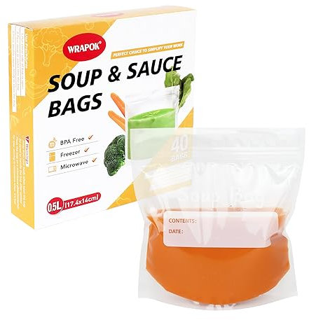 WRAPOK Soup Freezer Bags Reusable Liquid Storage Bag Ziplock Sauce Container Clear Sealed Bag, 500ml - Pack of 40