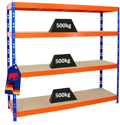 PROREGAL Profi Schwerlastregal Rhino EXTRA BREIT blau/orange HxBxT 180x200x60cm Fachlast 500kg 4X Spanplatten-Ebenen 16mm Garagenregal, Lagerregal, Steckregal, Weitspannregal