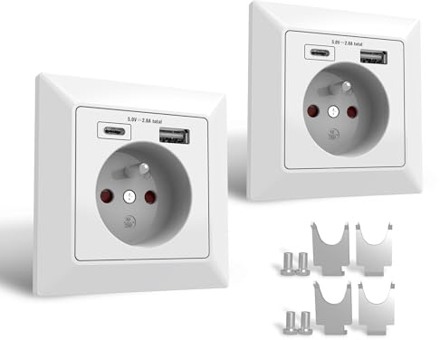 UCOMEN 2.8A USB Schuko FR Steckdosen, Wand steckdose 250V Steckdose mit USB Type A and Type C, Laden aller mobilen Geräte Passent in standard Unterputzdose，weiß (2 Pack)
