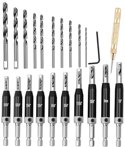 Lyshujli Juego de 22 brocas autocentrantes, vástago hexagonal de 1/4 pulgadas, broca VIX de 5/64-1/4 pulgadas de cambio rápido, brocas hexagonales para carpintería, metal, madera, armario, ventana