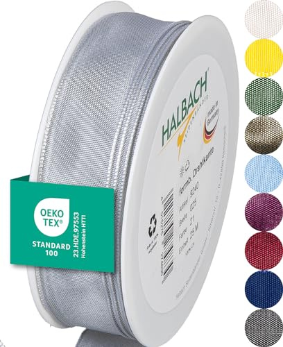 Halbach Geschenkband mit Drahtkante, 25 mm x 25 m, hellgrau | Taftband mit formbarer Drahtkante aus 100% Acetat, Made in Germany, Öko-Tex 100 zertifiziert, wetter-/wasserfest