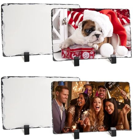 Kufutee Bilderrahmen aus Schiefer, personalisierbar, Gedenkstein mit Präsentationsständer, Stein-Fotoschild für Valentinstag, Hochzeit (Rechteck, 10 x 15 cm), 4 Stück