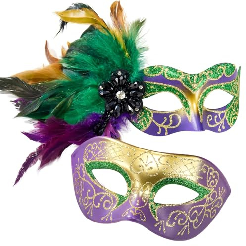 MYSEUNI Mardi Gras Maske mit Federn - Venezianisches Paar Karneval Masken f¨¹r Maskerade Party Cosplay Party Themenball