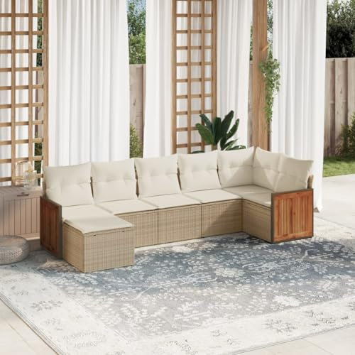 Rantry 7-TLG. Gartenmöbel Set mit Kissen Gartensofa Balkonmöbel Gartenlounge Loungesofa Rattansofa Modular Ecksofa Ecklounge Sofagarnitur Sitzgruppe Loungemöbel Beige Poly Rattan
