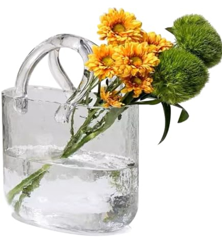 Glass Vase with Elegant Purse Design Clear Bag Glass Vase Glass Purse Vase with Handle and Bubbles Unique Flower Vase for Home/Office/Garden/Wedding/Events Decorations