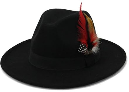 FULUJIDI Fedora Trilby Filzhut Hut Panama Jazz Fedora Hut Mit Breiter Krempe Feder Gürtel Kirche Top Caps 59 To60 cm Schwarz