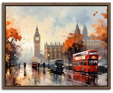 Abstract London Canvas Wall Art for Living Room Vintage Big Ben Landscape Wall Decor Retro British City Scenery Paintings Street View Framed Artwork for Bedroom Office Home Decorations 20x25cm