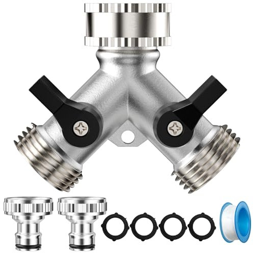 Lectorias Robinet Double Sortie, Répartiteur d'eau, Robinet Double Sortie Machine avec Interrupteur de Commande, Double Sortie Tuyau Arrosage, Distributeur en y à 2 Voies Robinet pour Jardin(Argent)
