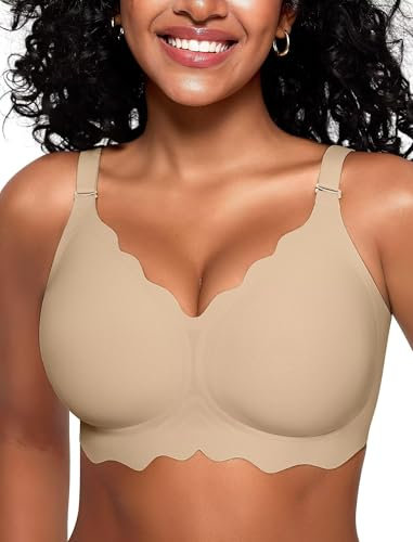 Vertvie Seamless Scalloped Bras for Women No Underwire Wireless Push Up Bra Soft Support Full Coverage Comfort Everyday Bra (Semolina,XL)