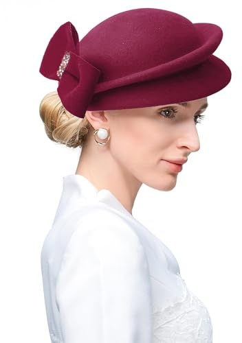 ELLYDOOR Fascinator aus Wolle, Winter, Wollfilz, Pillbox-Hut für Damen, Hochzeit, Kirchenhut, Schleier, Schleife, Fedoras