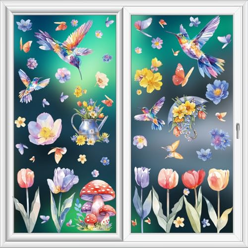 KHstylehoo Fensterbilder Frühling Deko, 9 Blätter Selbstklebend, Frühlingsdeko, Frühling Fensterbilder Kinder, Fensterfolie Blumen, Wiederverwendbar für Fensterdeko