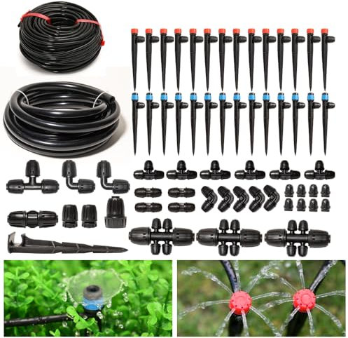 Drip Irrigation System Kit with 33Ft 1/2 Inch Tubing, 200Ft 1/4 Inch Tubing Automatic Irrigation Equipment Locked Fittings Micro Drip 360 Degree Fan Sprayer Watering Kit for Greenhouse, Small Farm
