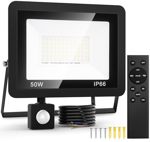FGRYB Projecteur Led Exterieur Detecteur de Mouvement, 50W Murale Eclairage Exterieur Lamp avec Télécommande, IP66 Etanche Eclairage Exterieur Jardin Garage Backyard Motion Detector