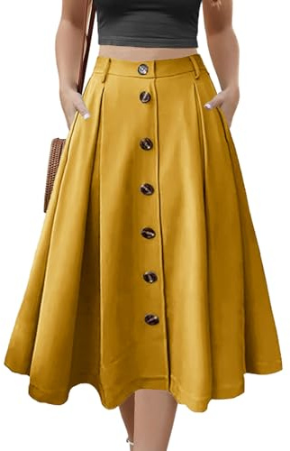 Alaster Queen Women's Long Pleated Skirt Ladies Midi High Elasticated Waist Flowy Pockets Skirt for Women UK, XXL Yellow